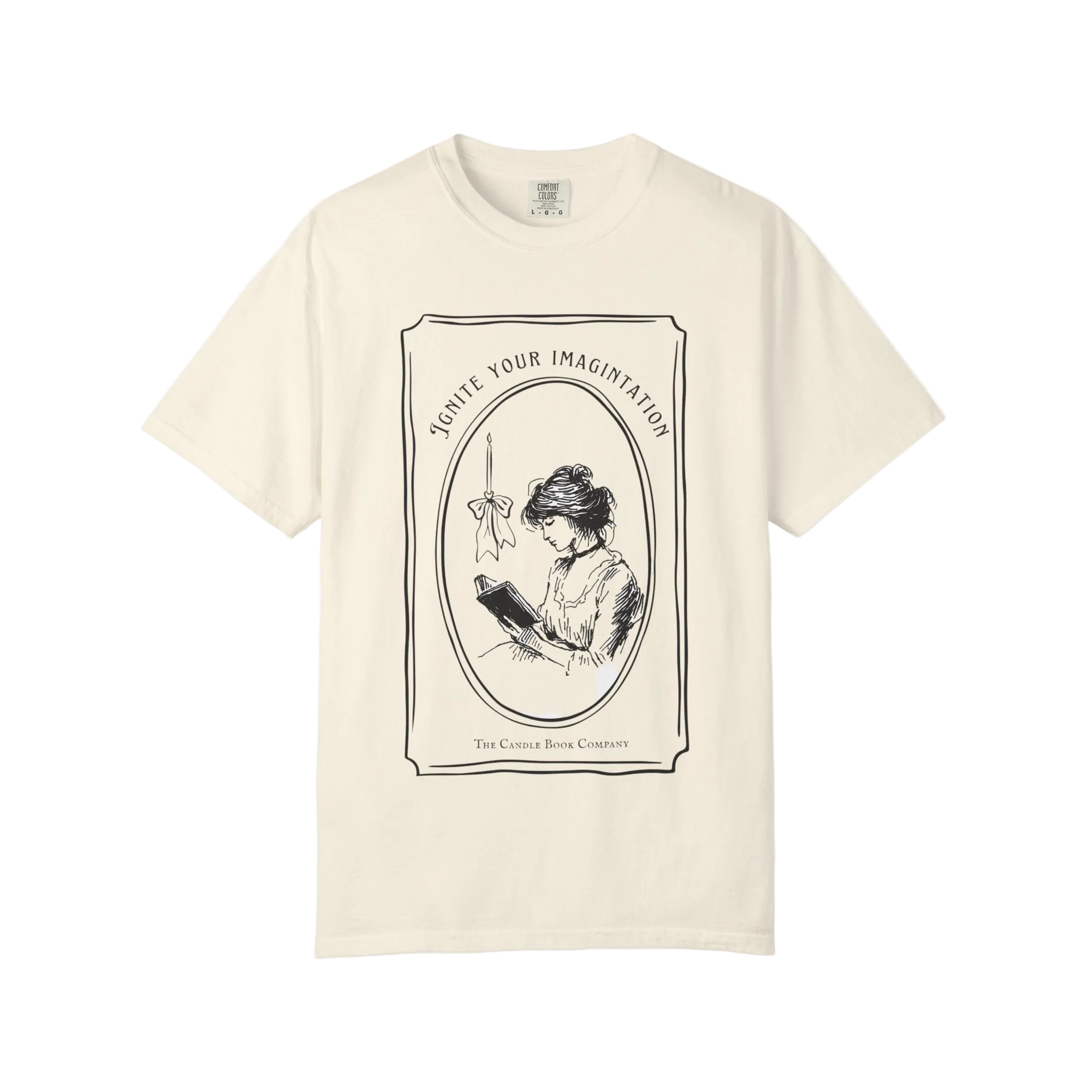 Beige t-shirt with vintage-style graphic and text on a white background